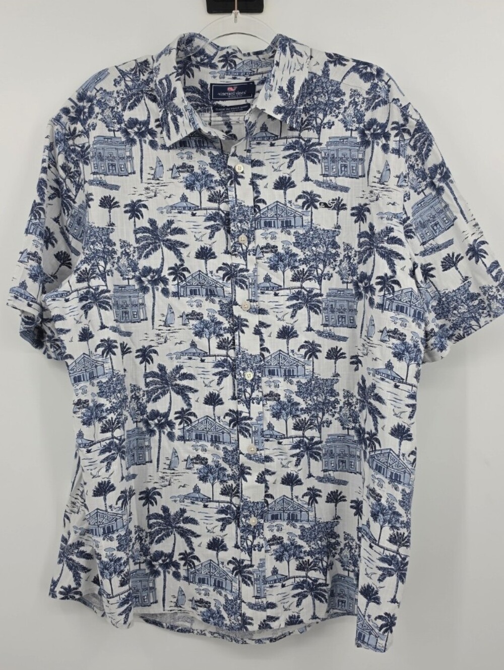 Vineyard Vines Classic Fit Whale Shirt Large White Blue Beach Print